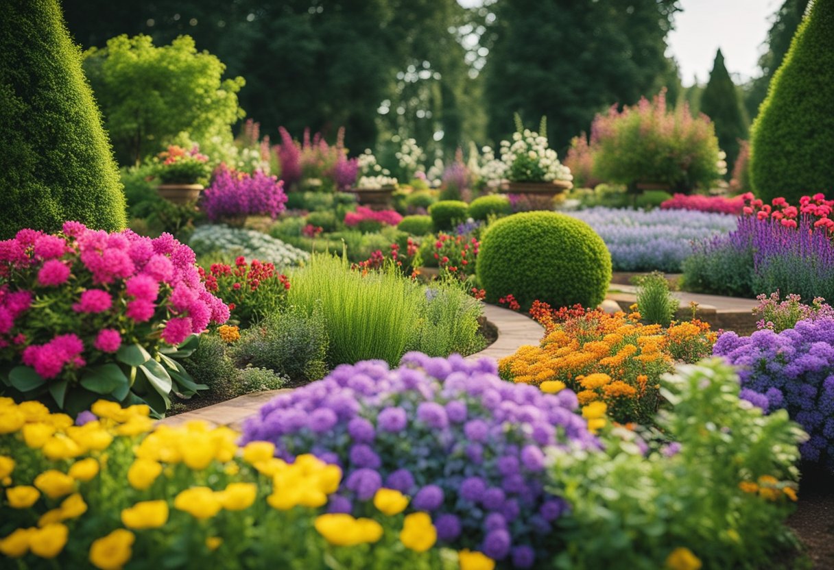 A lush garden filled with vibrant flowers arranged in unique designs, from spirals to geometric patterns, creating a colorful and inviting flower bed display