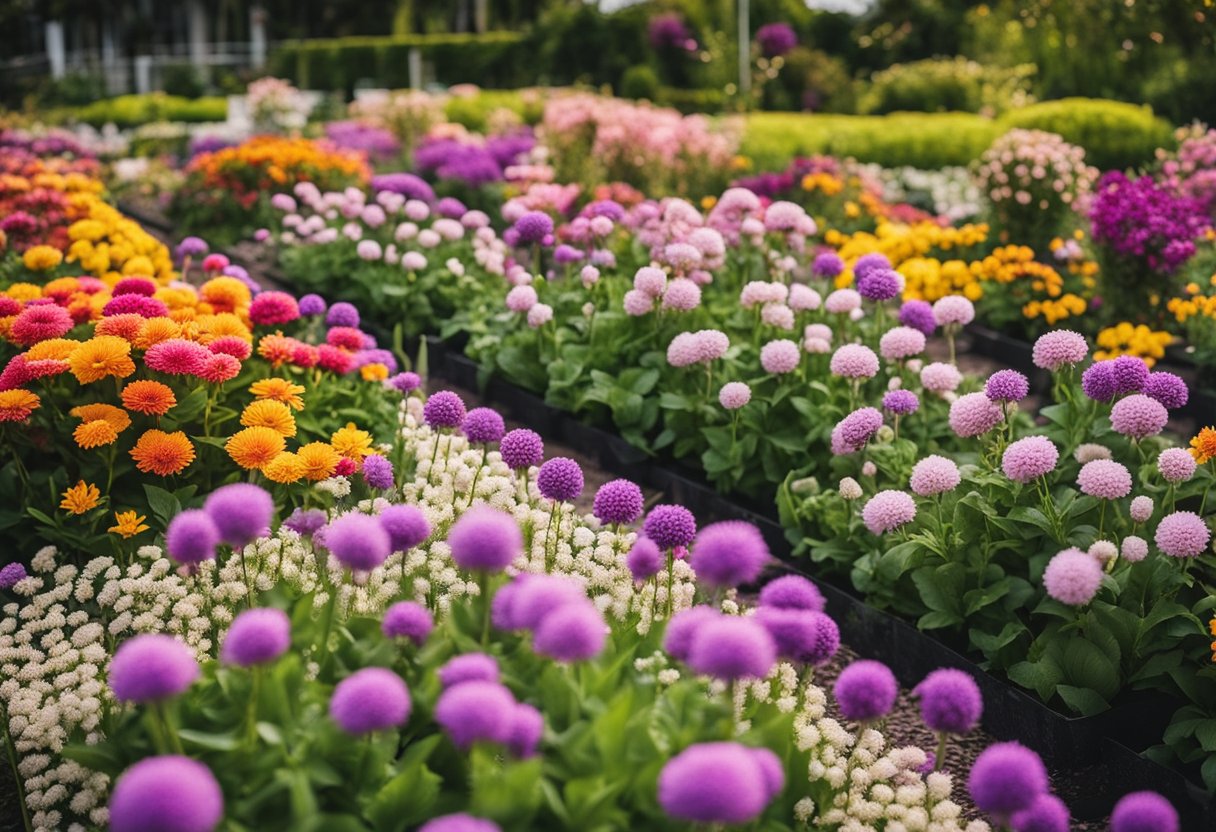 A garden with vibrant flower beds arranged in unique patterns and designs, creating a visually stunning and creative layout