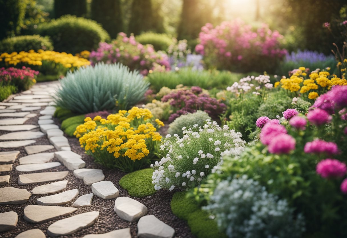 A garden with a variety of flower beds surrounded by unique hardscape elements like stone pathways, decorative rocks, and wooden borders