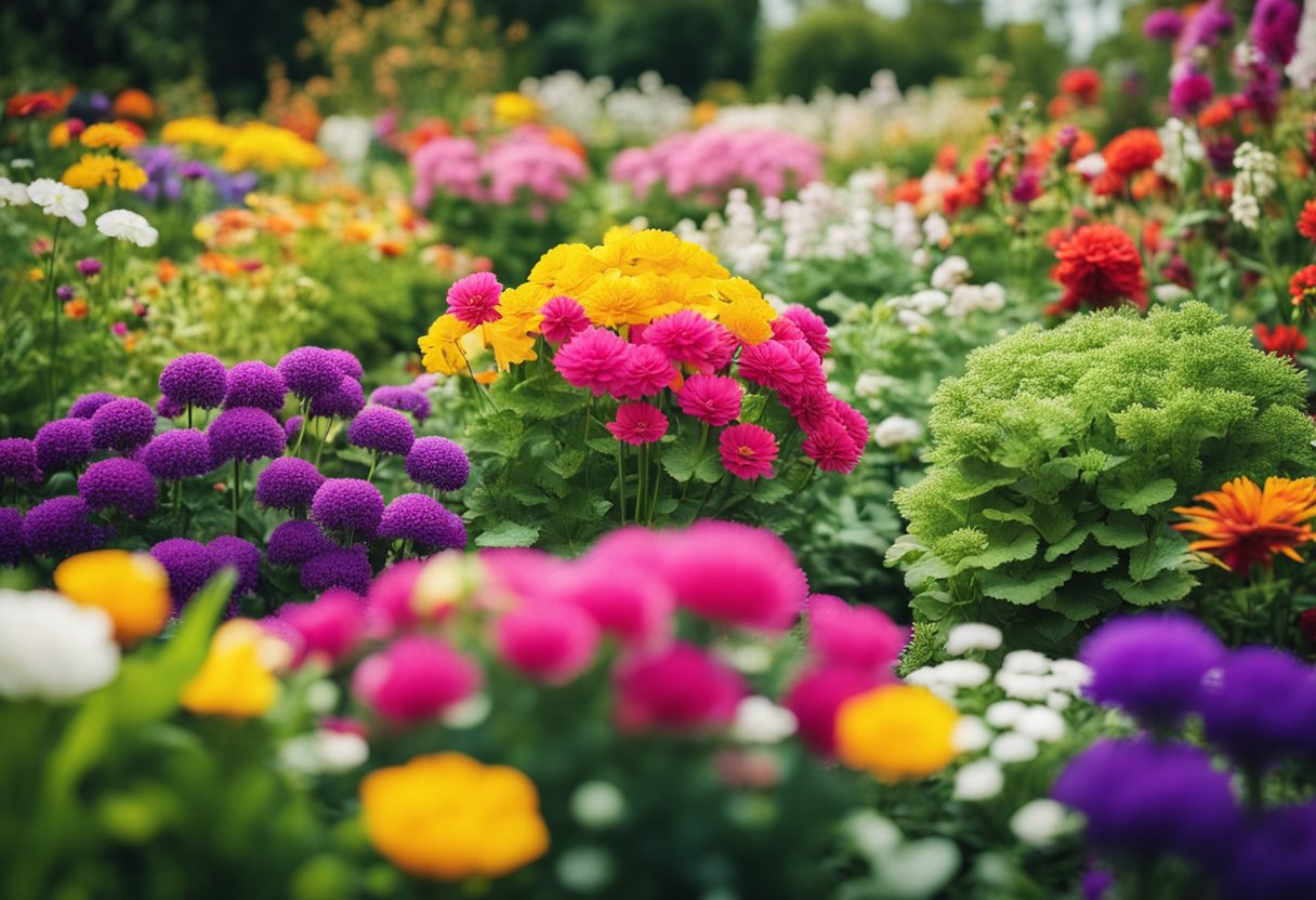 A vibrant garden bursting with colorful flowers arranged in unique and creative designs, showcasing sustainable gardening practices