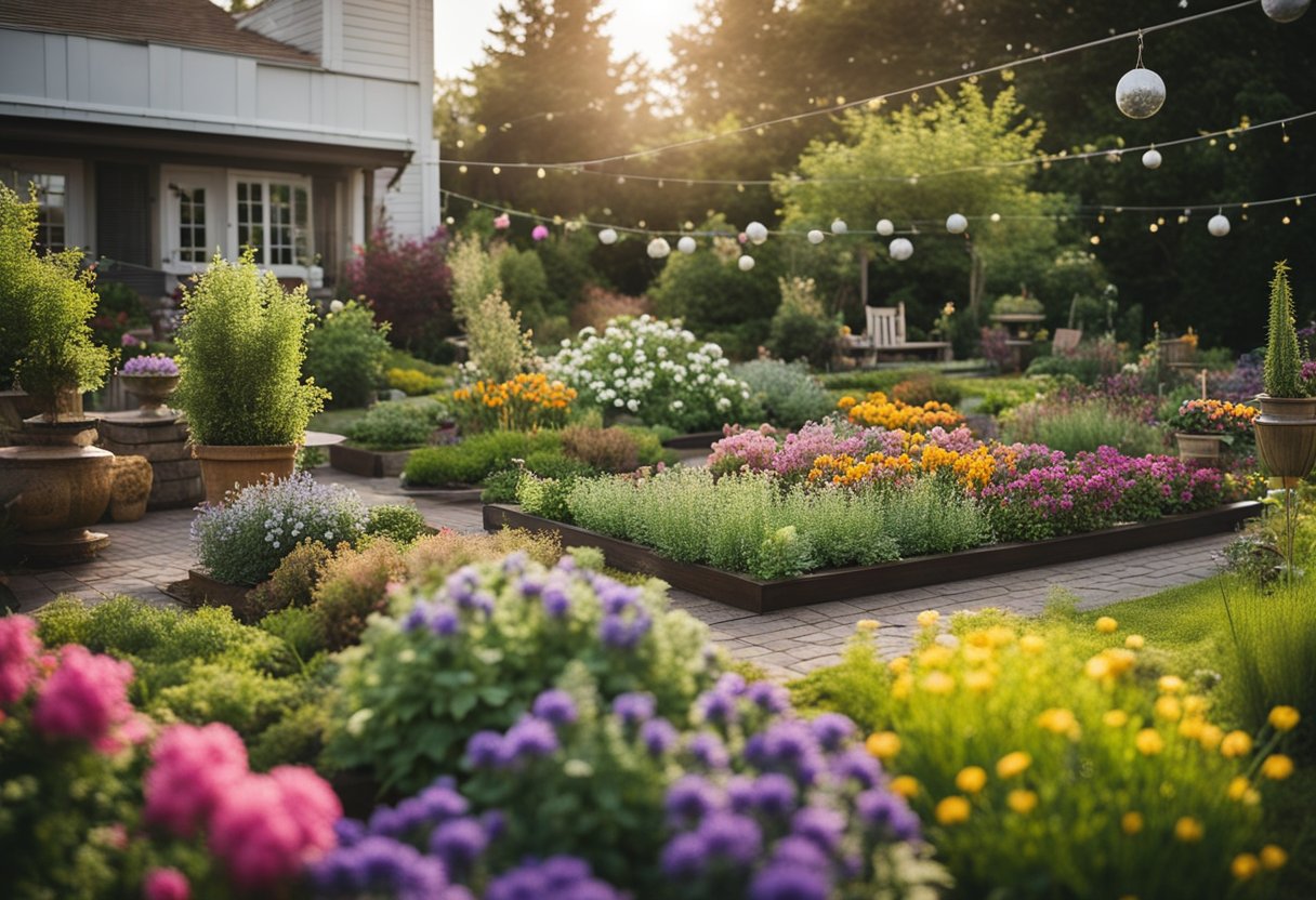 A cozy backyard garden with a variety of flower beds, including raised, tiered, and hanging designs. The space is transformed with vibrant colors and unique arrangements