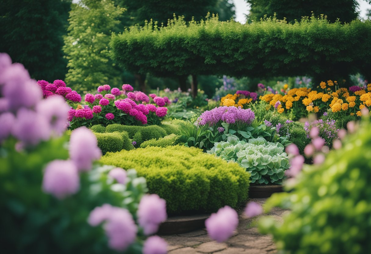 Lush flower beds bloom in various shapes and colors, creating a vibrant and unique garden landscape