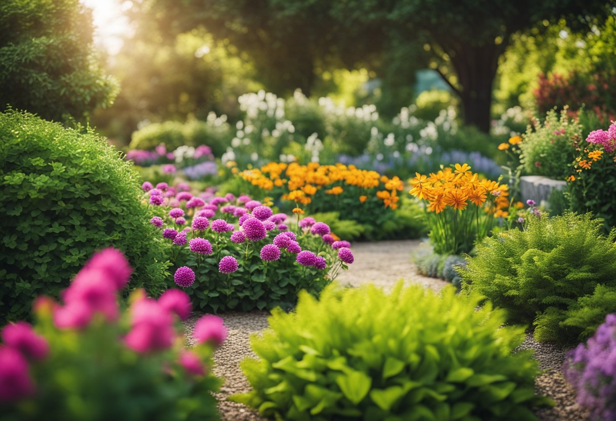 A lush garden with colorful and unique flower beds arranged in creative designs, transforming the landscape into a stunning display of natural beauty