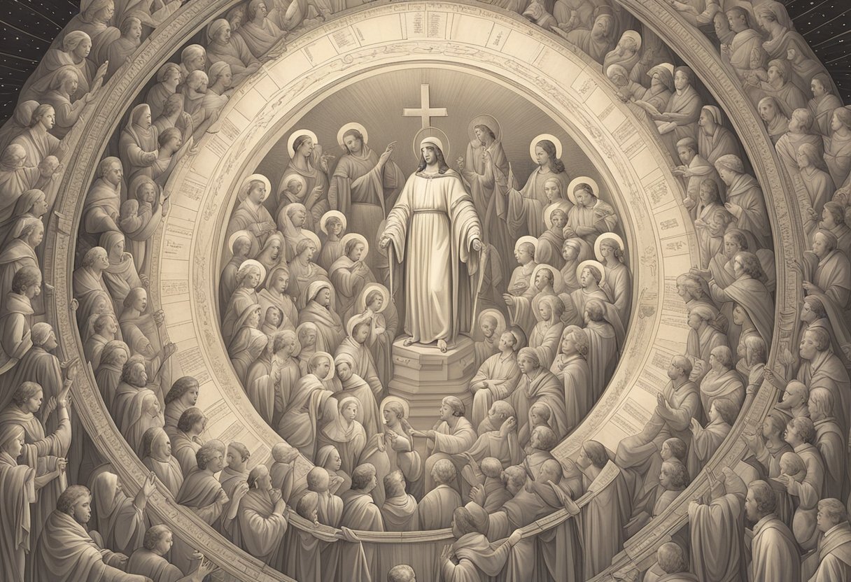 A halo of baby names surrounds a group of saints in a heavenly glow