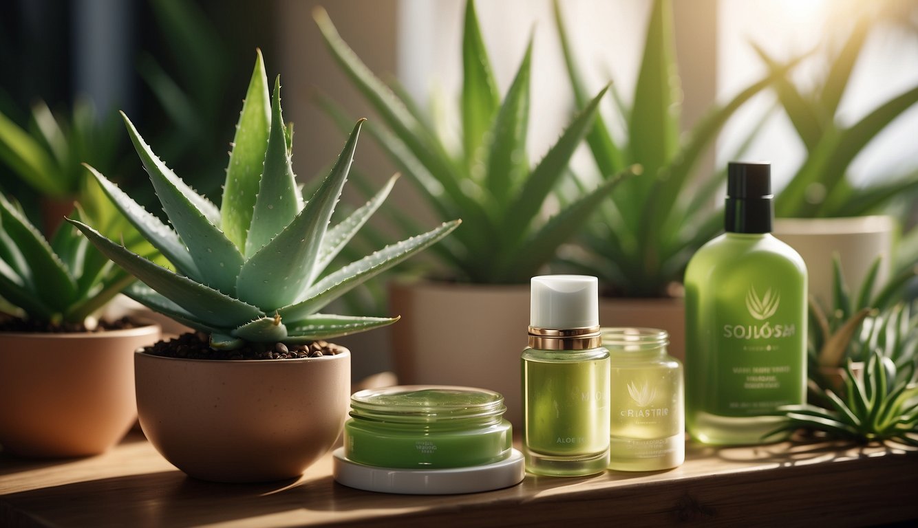 Aloe vera plant with succulent leaves, surrounded by skincare products and natural sunlight