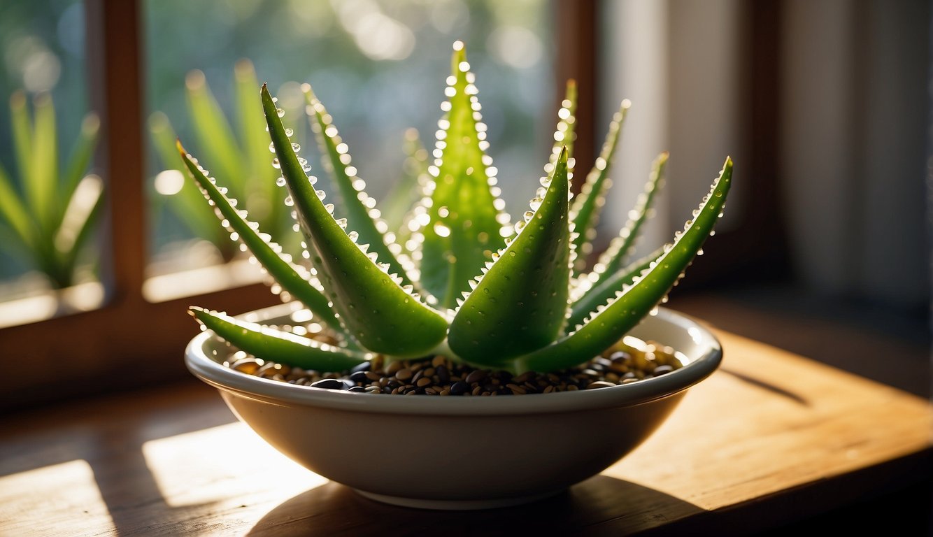 Aloe vera plant cut open, gel dripping into a bowl. Hair products and a brush nearby. Sunlight streaming through a window onto the scene