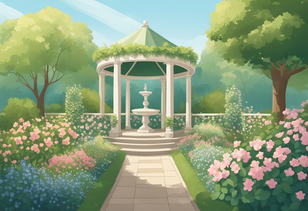 A serene scene of a garden with blooming flowers and a gentle breeze, featuring a banner that reads "Best Names baby names saints."