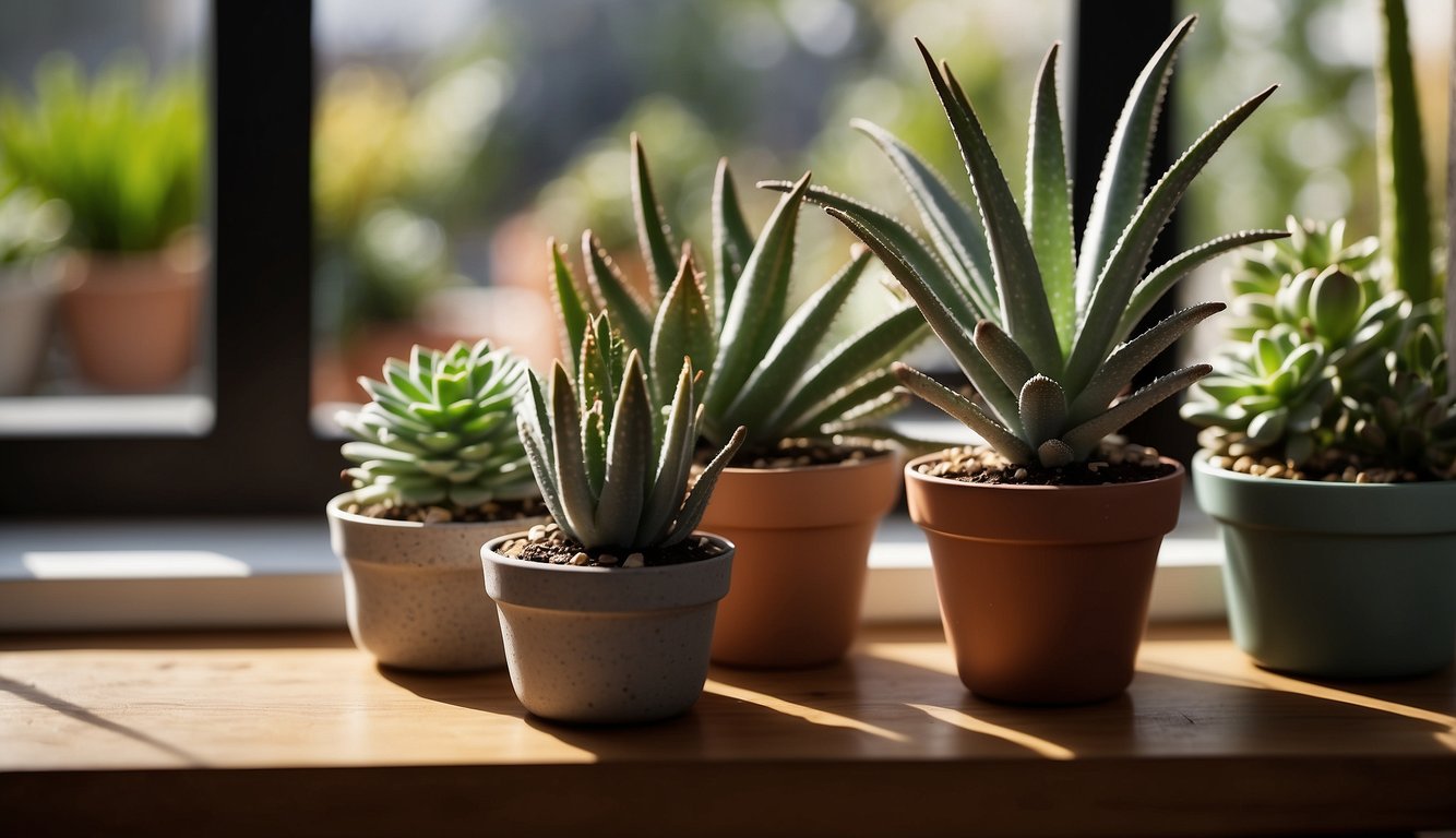 Lush aloe vera plant sits on a sunny windowsill, surrounded by pots of other succulents. A pair of gardening gloves and a small pair of scissors lay nearby, ready for use