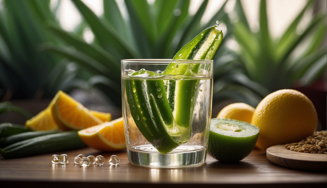 Aloe vera plant cut open, with clear gel dripping into a glass of water, surrounded by fresh fruits and vegetables