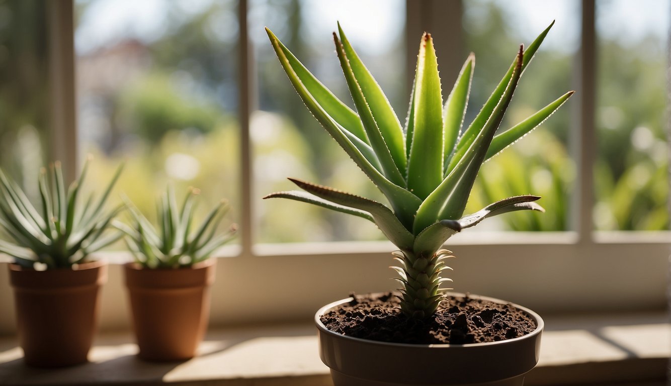 Aloe vera plant in a sunny window, potted with well-draining soil. A watering can nearby and a pair of gardening gloves