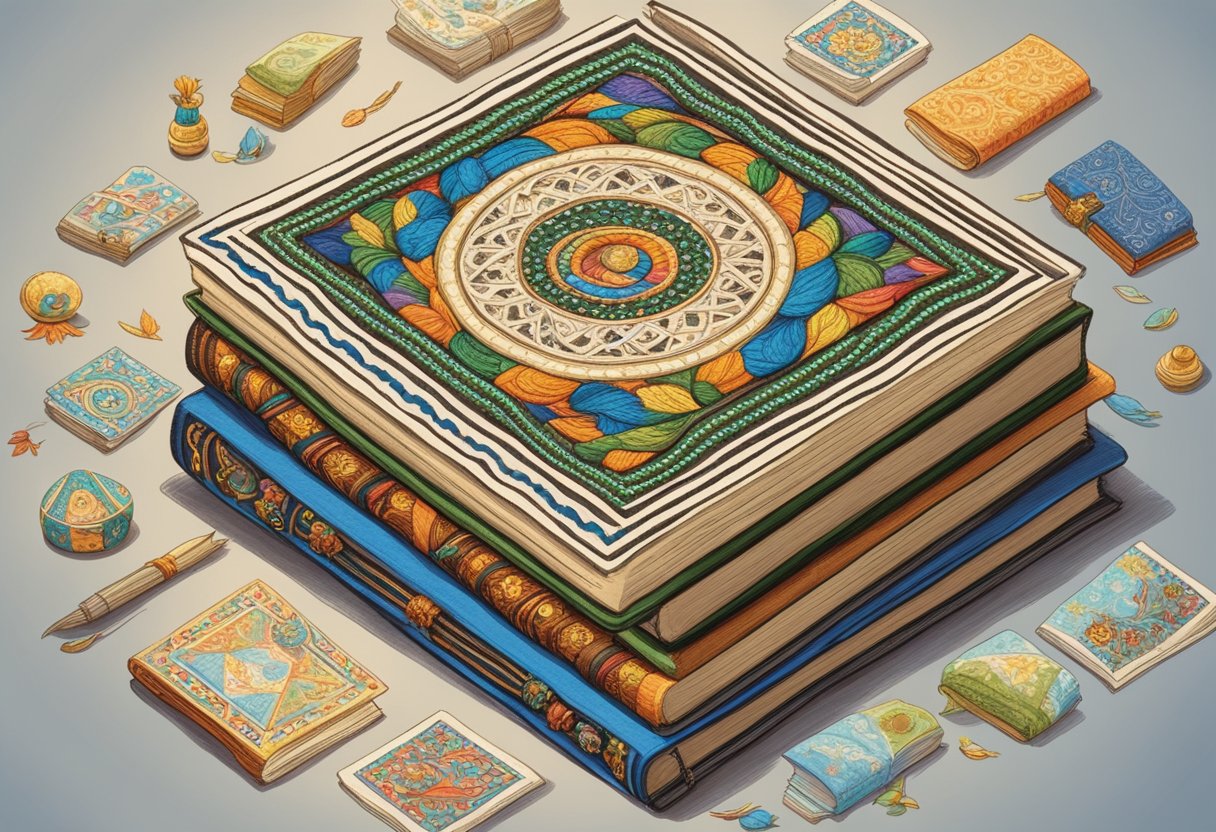 A stack of Serbian baby name books surrounded by traditional folk art and colorful embroidery
