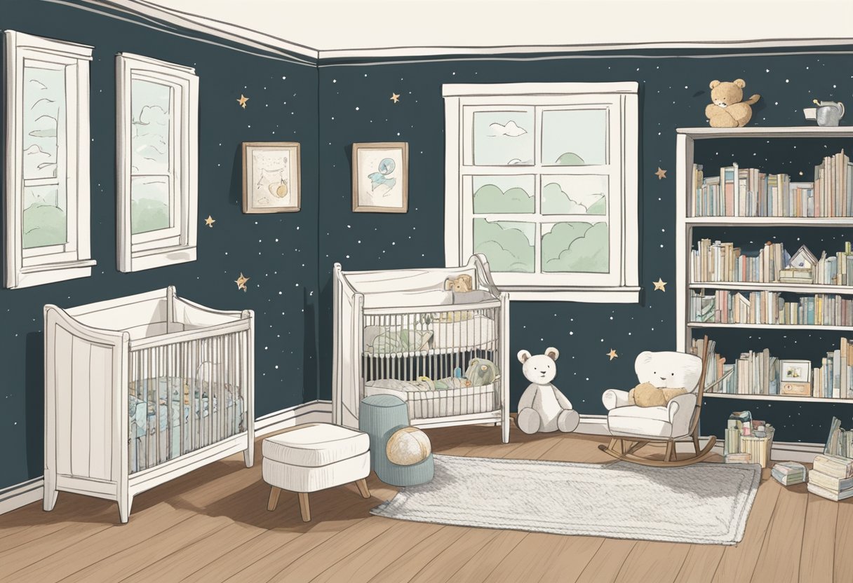 A nursery with a bookshelf filled with baby name books, a cozy rocking chair, and a chalkboard with "Ryan" written in playful lettering