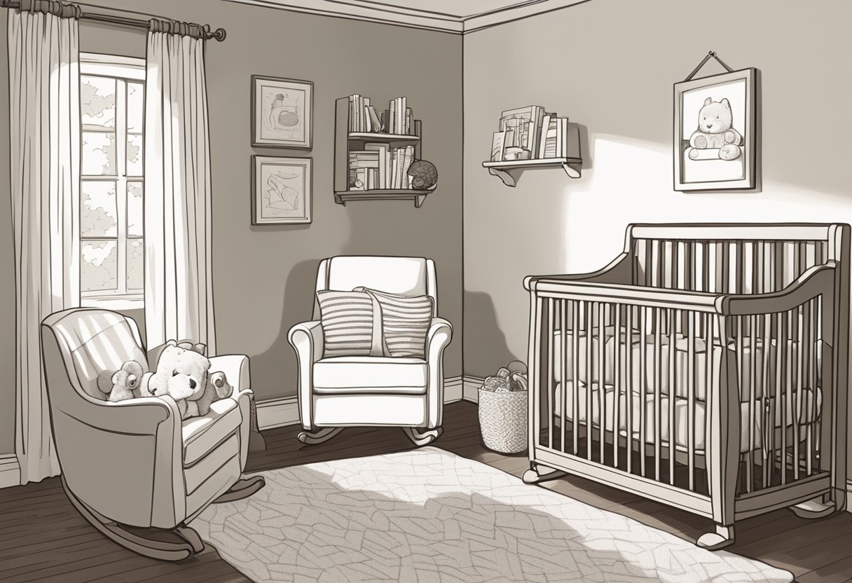 A nursery with a bookshelf filled with baby name books, a cozy rocking chair, and a crib with a personalized "Ryan" blanket