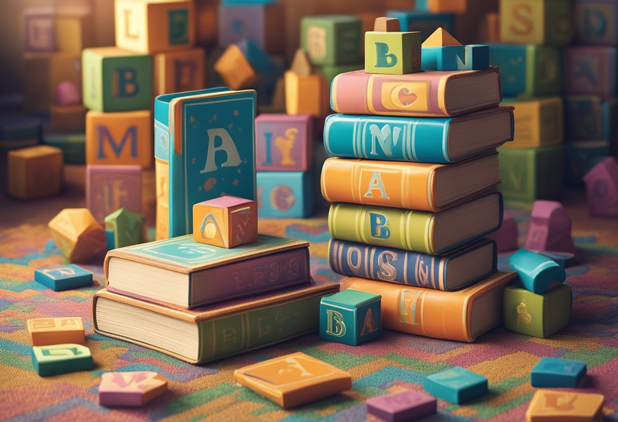 Colorful, whimsical alphabet blocks scattered on a patterned rug, with a stack of baby name books nearby