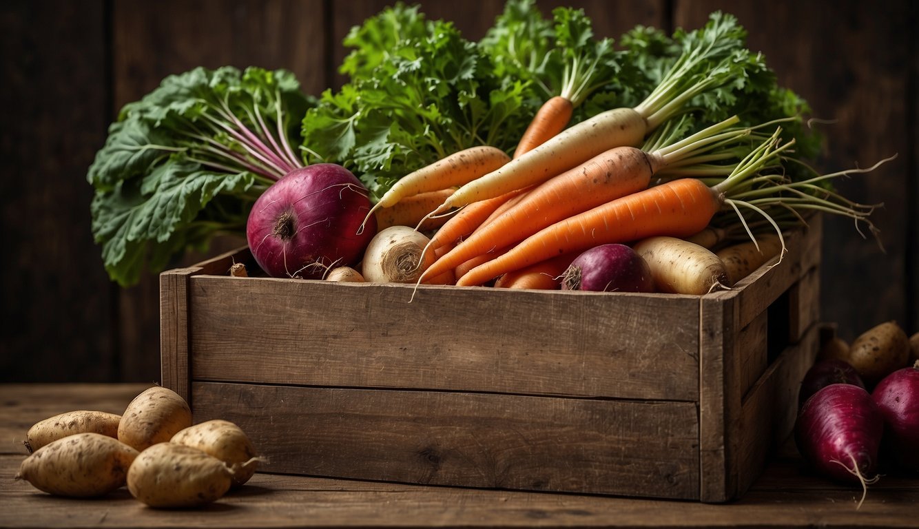 A variety of root vegetables, like carrots, potatoes, and beets, are arranged in a rustic wooden crate, showcasing their different shapes, sizes, and colors
