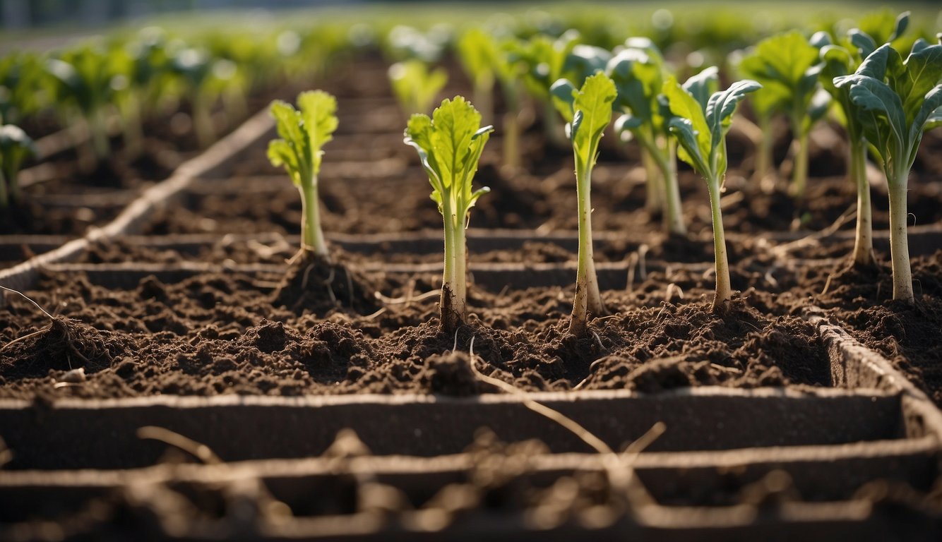 Root vegetables being planted in neat rows, then carefully harvested and placed in baskets