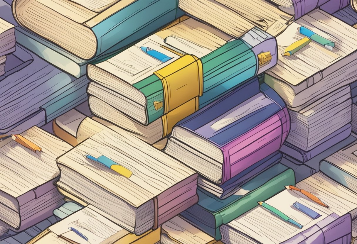 A stack of colorful baby name books piled on a table, with open pages and scattered pencils