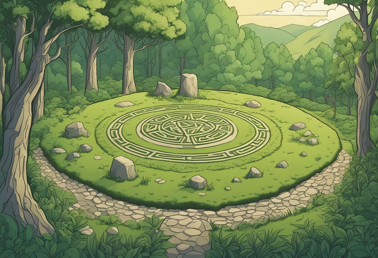 A lush green forest clearing with a stone circle, surrounded by wildflowers and ancient Celtic symbols carved into the rocks