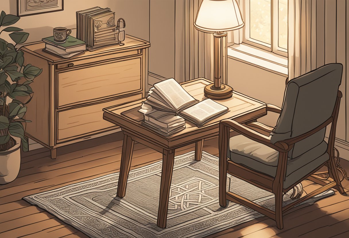 A cozy study with a stack of baby name books, a notepad, and a cup of tea. A Celtic knot rug and a soft glow from a desk lamp create a warm, inviting atmosphere
