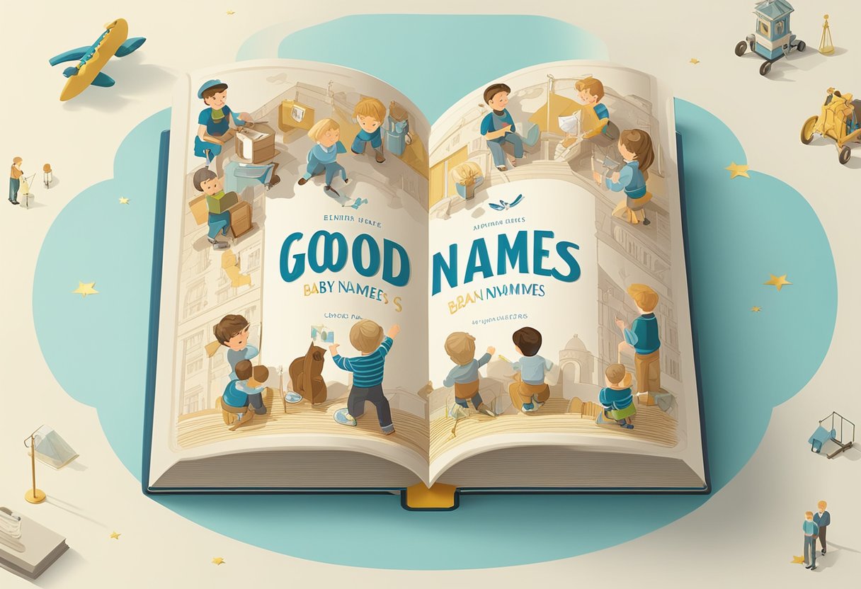 A collection of European boys' names, titled "Good Names baby names european boys," displayed on a book cover with decorative lettering and imagery