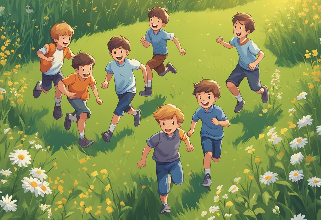 A group of European boys playing in a field, surrounded by wildflowers and tall grass. They are laughing and running around, enjoying the sunny day