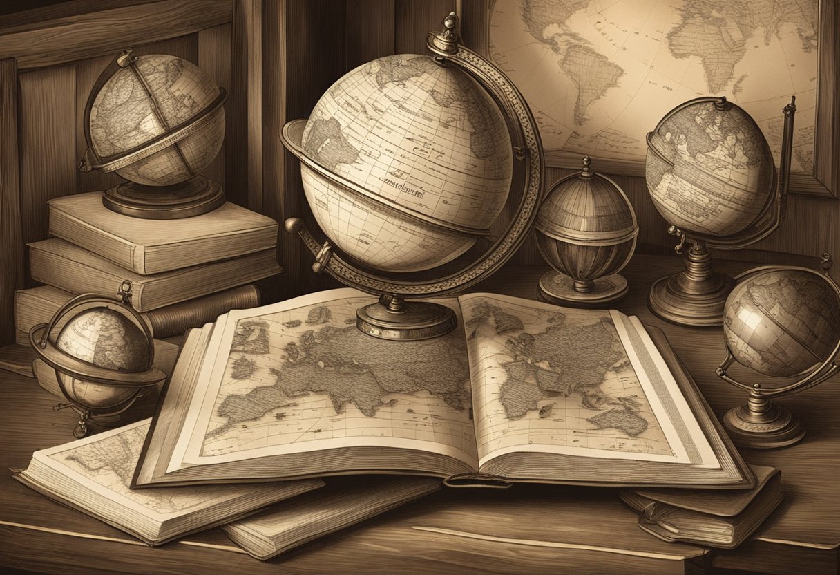 A stack of vintage European maps and globes on a wooden desk. An open book with various baby names written in calligraphy