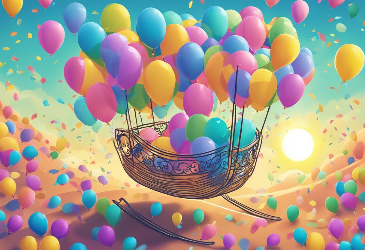 Colorful balloons and confetti surround a cradle, with a bright sun shining overhead, symbolizing joy