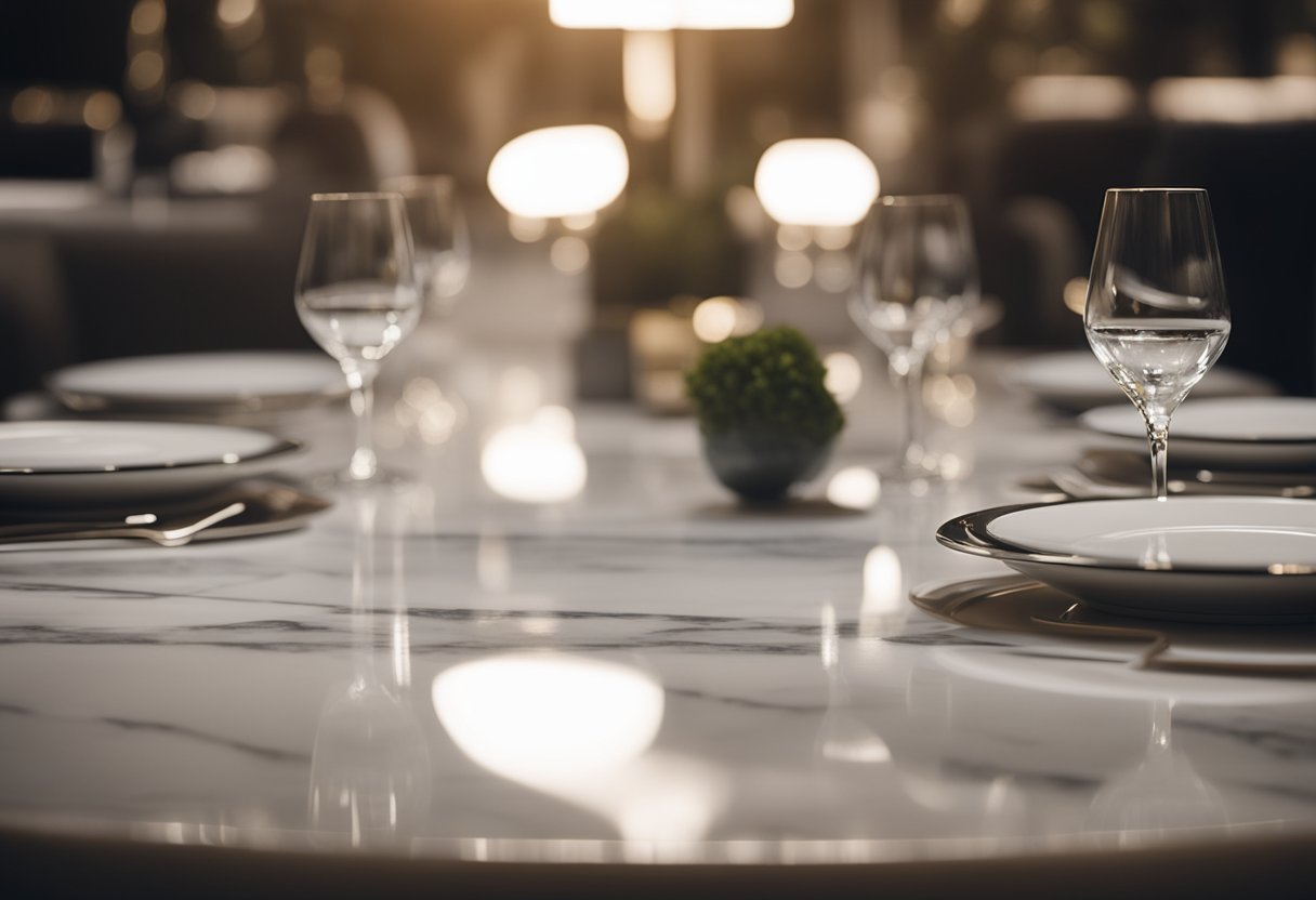A sleek marble dining table gleams under soft lighting, casting elegant shadows