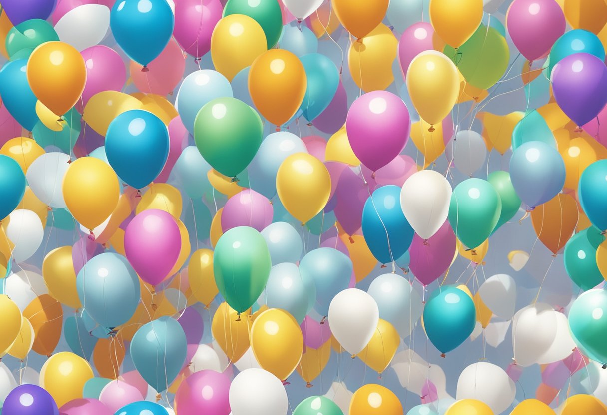 A bright, sunny day with colorful balloons floating in the sky, surrounded by smiling faces and laughter. A sense of happiness and joy fills the air