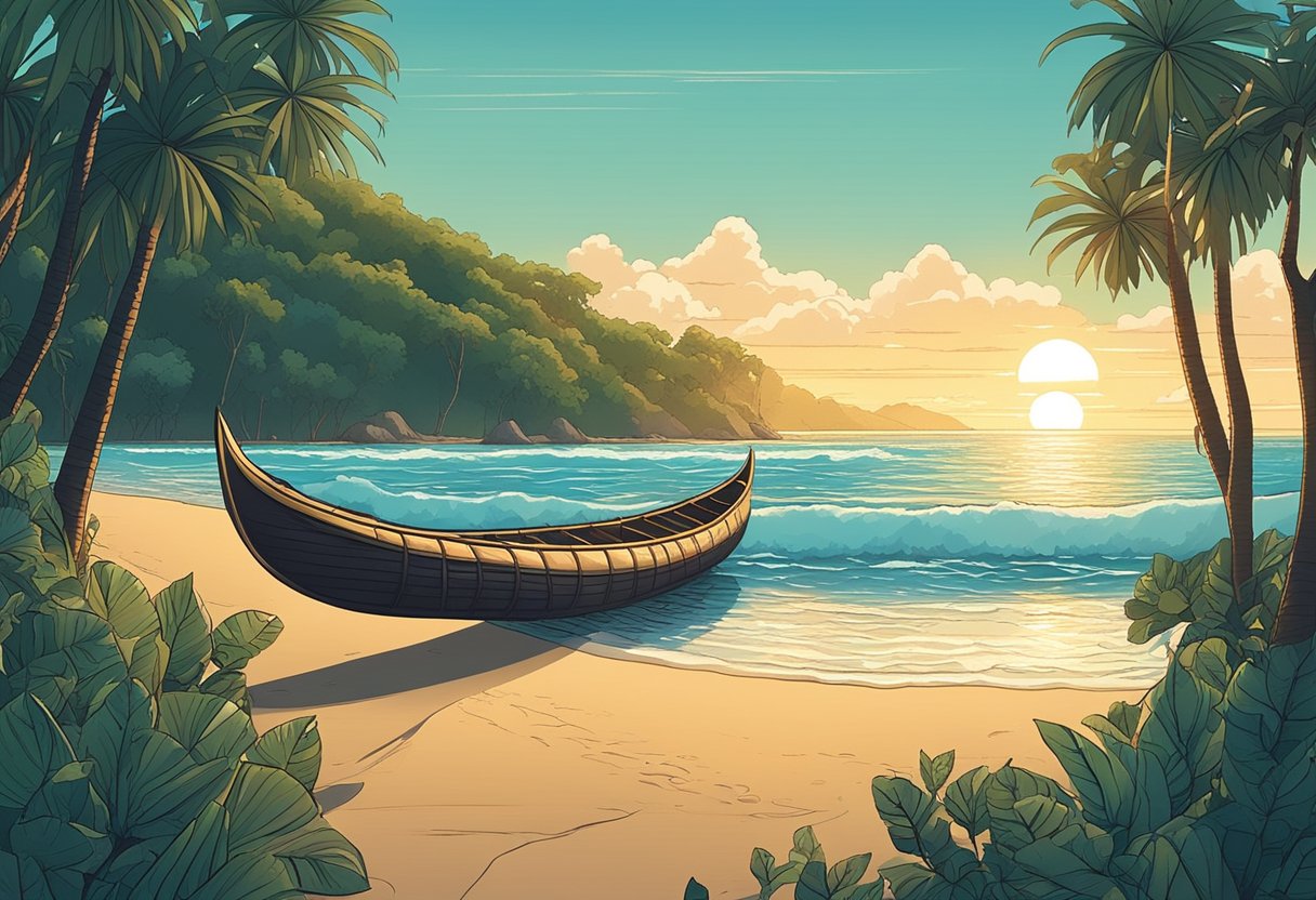 A serene beach at sunset, with a traditional Maori canoe resting on the sand, surrounded by lush greenery and the sound of waves crashing