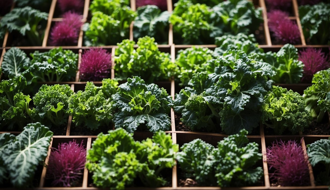 Various kale types arranged in a grid, labeled "Frequently Asked Questions." Bright colors and clear typography