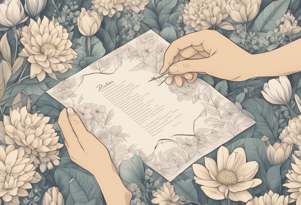 A couple's hands holding a list of romantic baby names, surrounded by flowers and soft lighting