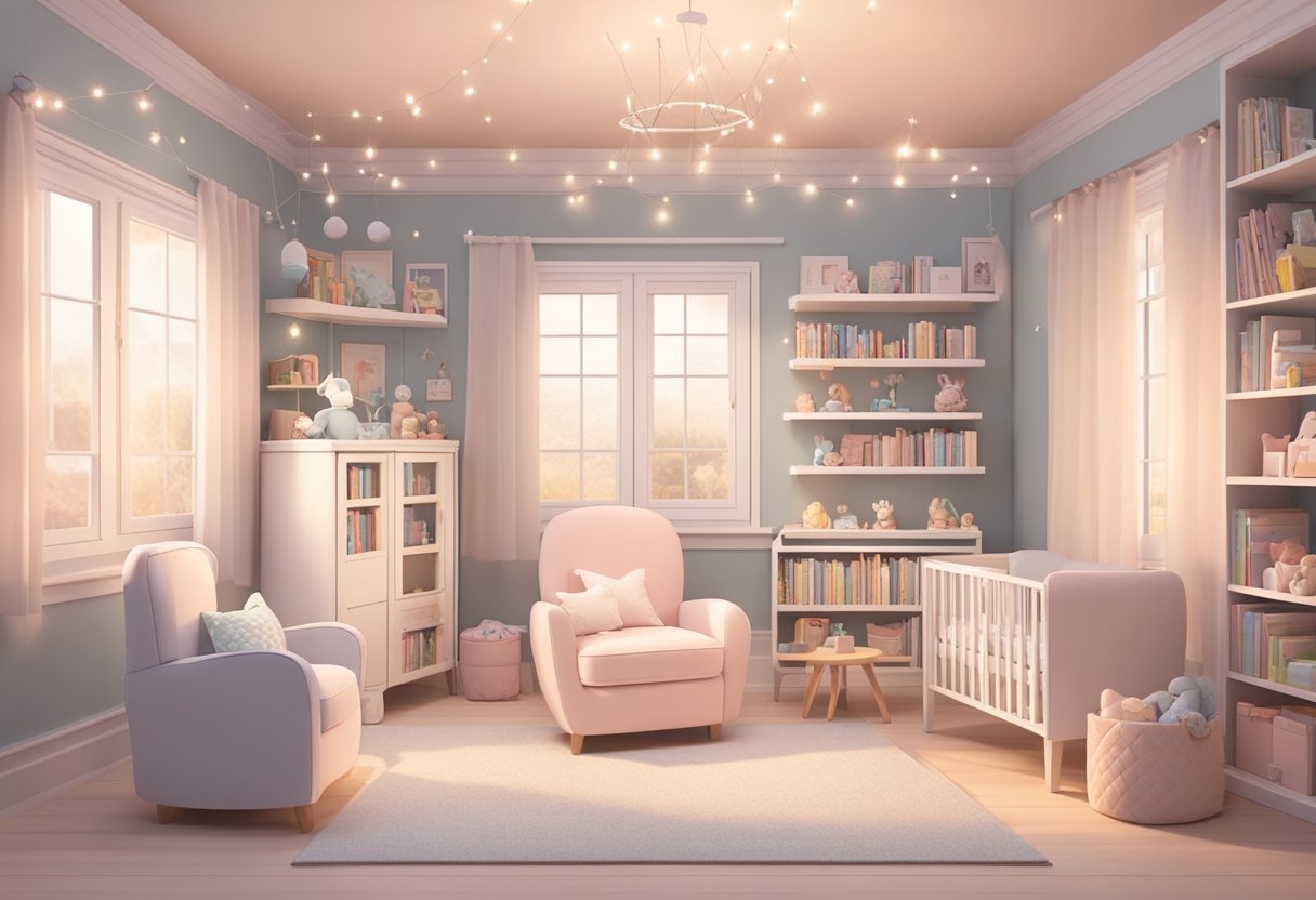 A soft, pastel-colored nursery with shelves of baby name books and a cozy reading nook with a plush armchair and twinkling fairy lights