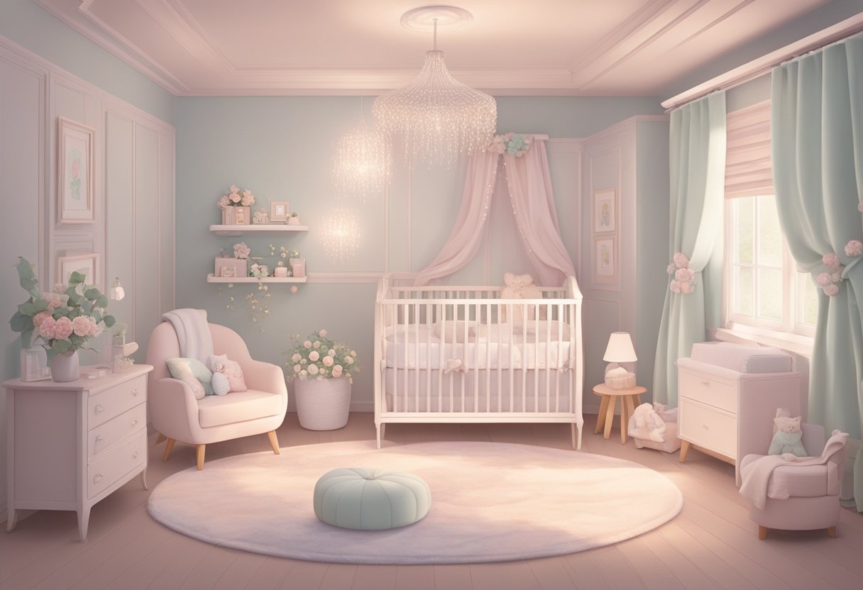 A soft, pastel-colored nursery with delicate floral accents and cozy, intimate lighting