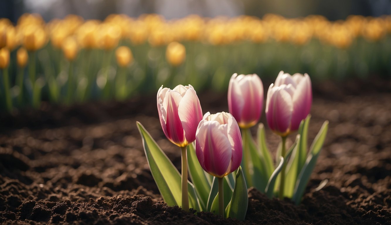 Tulips being planted in soil, with bloomed flowers