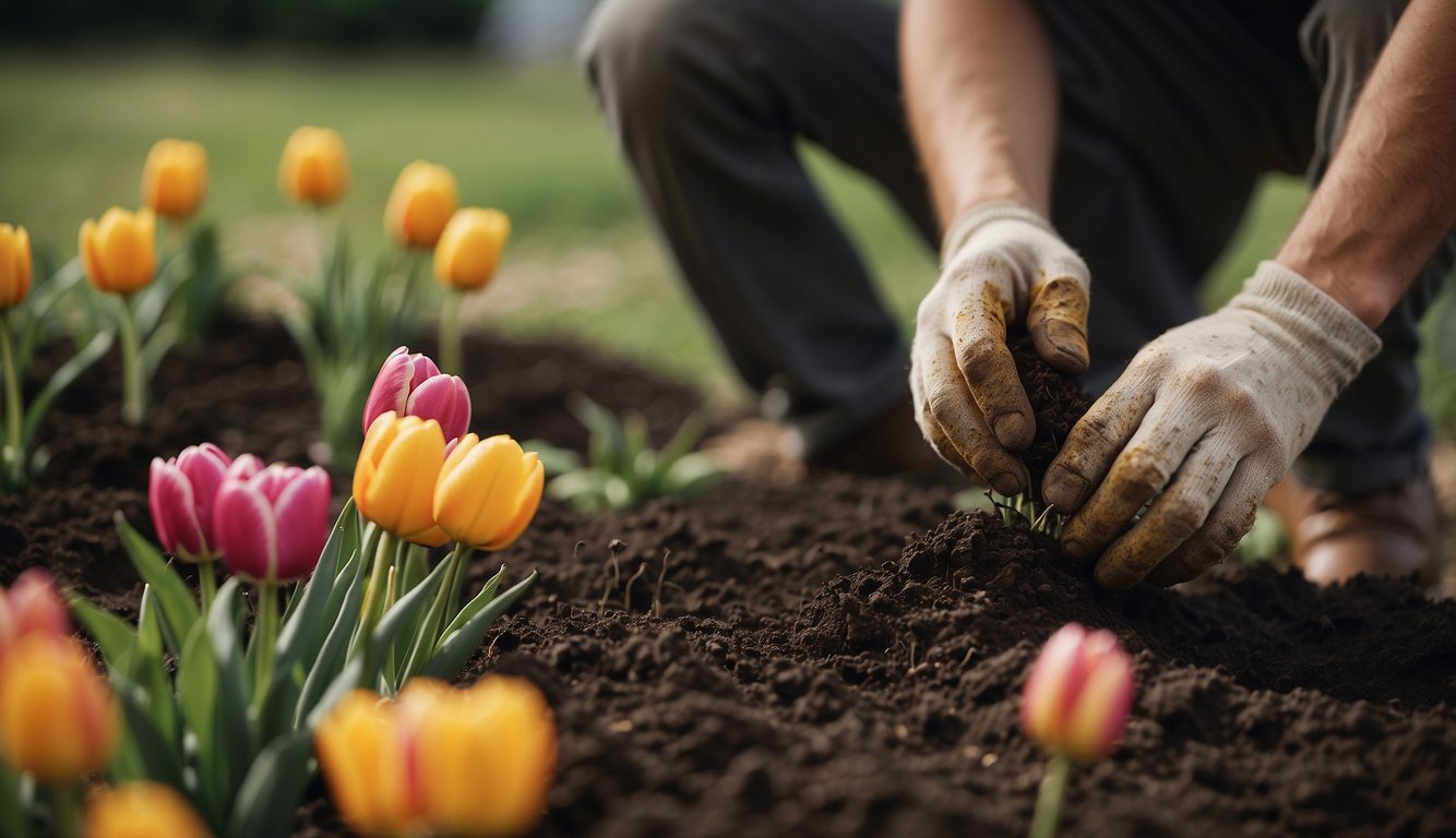 A gardener gently removes faded tulips, tending to the soil before planting new bulbs