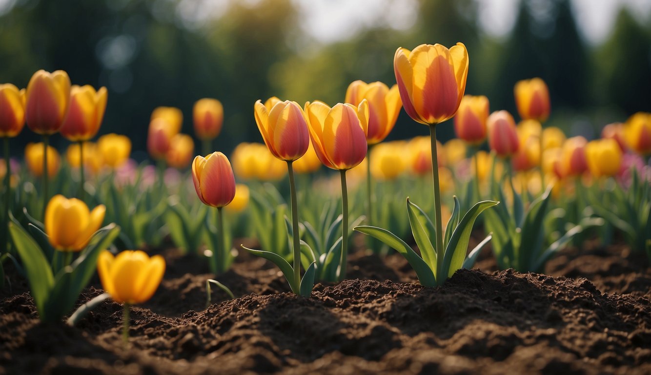 Blooming tulips being carefully planted in a garden bed