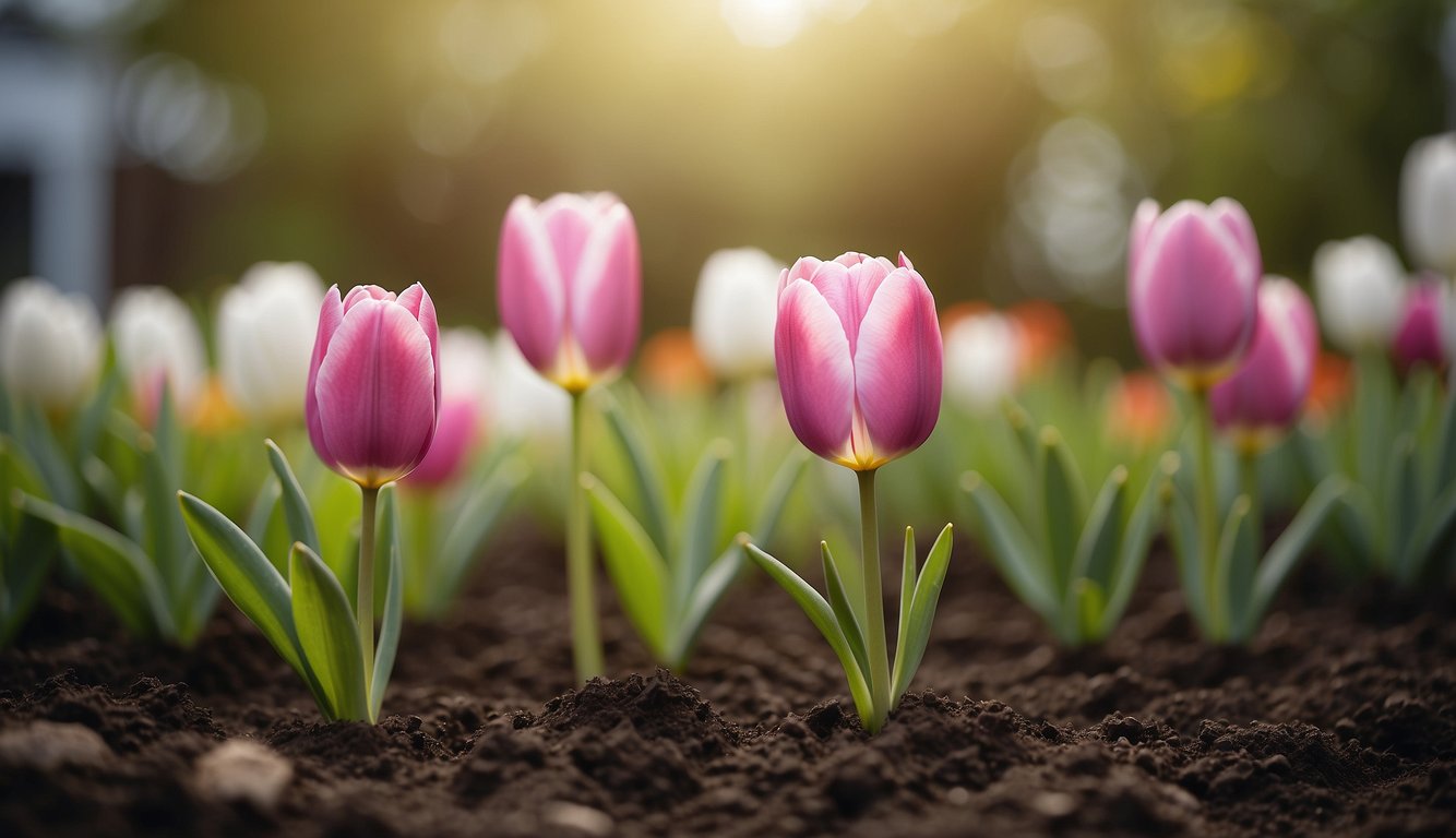 Blooming tulips being carefully planted in a garden bed