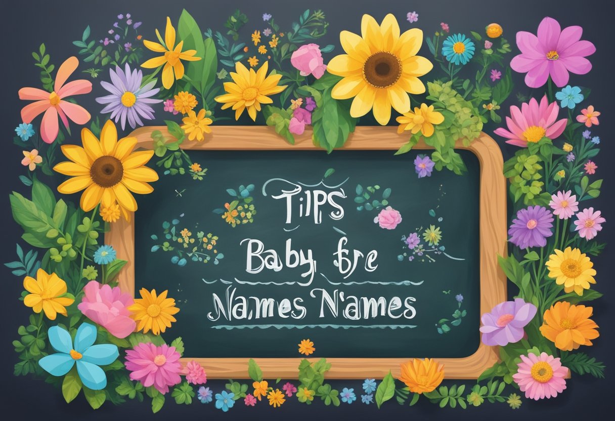 A colorful chalkboard with the words "Tips For Brainstorming The Perfect Name hippie baby names" surrounded by flowers and peace signs