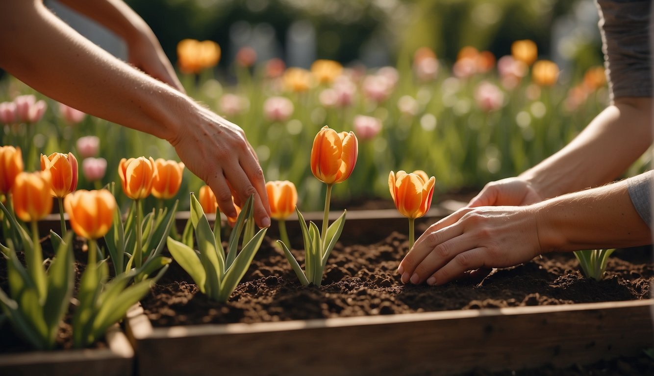 Bright sunlight shines on a garden bed. Hands gently place fully bloomed tulips into the soil. A sign nearby reads "Frequently Asked Questions."