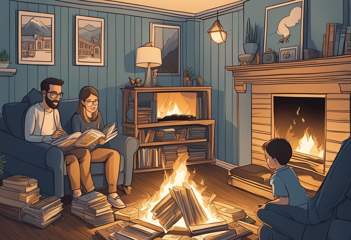A roaring fire with baby name books scattered around, surrounded by excited parents-to-be