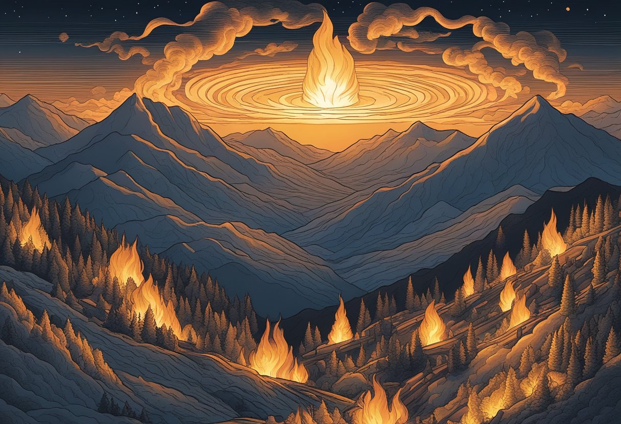 A flaming inferno illuminates the night sky, casting a warm glow over the surrounding landscape