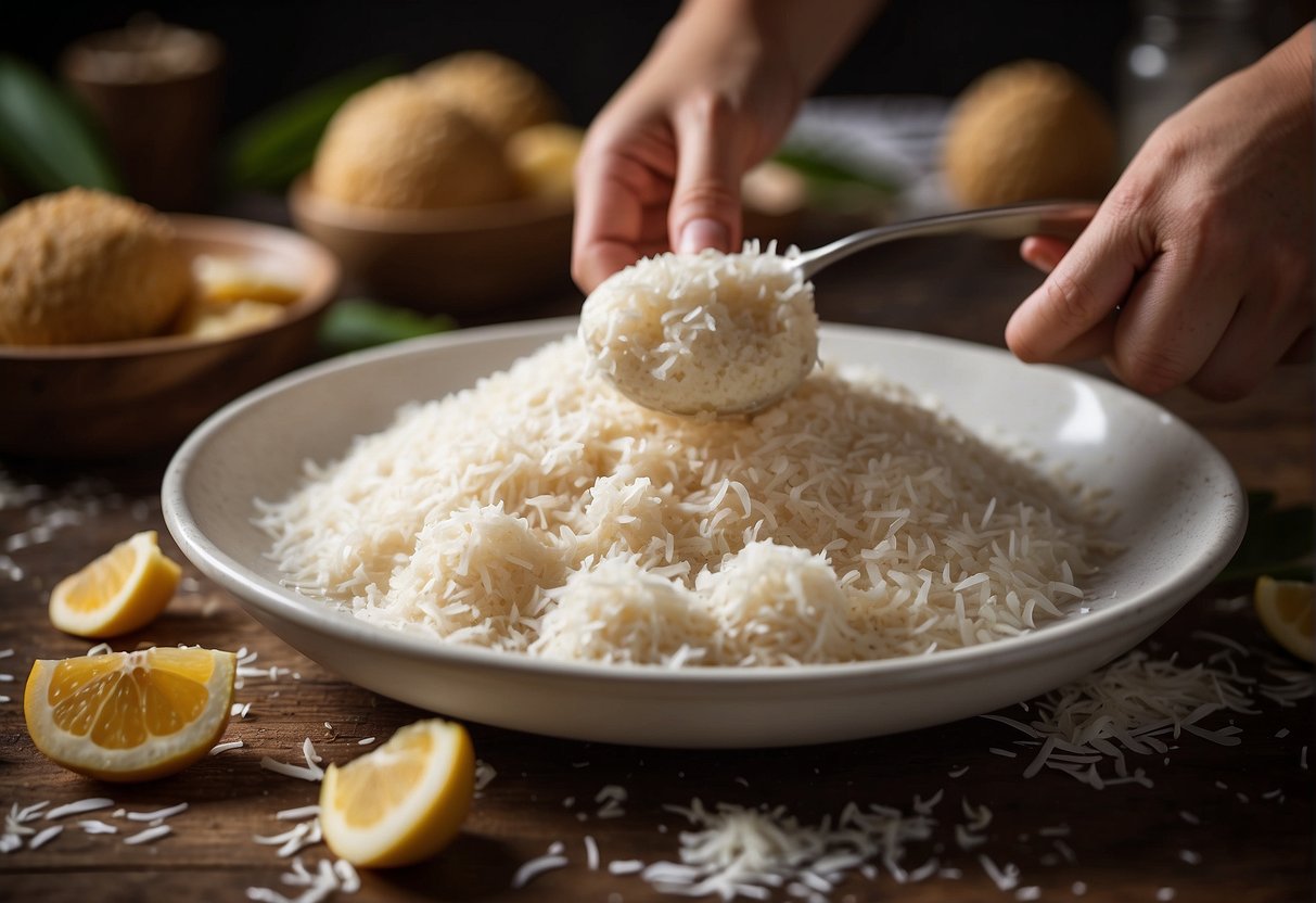 A table set with ingredients: shredded coconut, sugar, and pastry dough. A hand rolling the dough around the coconut filling. A traditional Angolan recipe