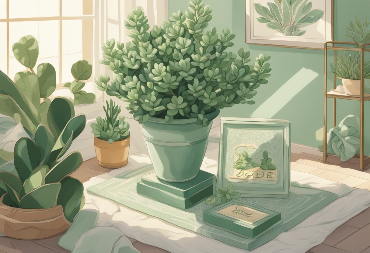 A delicate jade plant sits in a sunlit nursery, surrounded by soft blankets and tiny booties. A name plaque reads "Jade" in elegant script