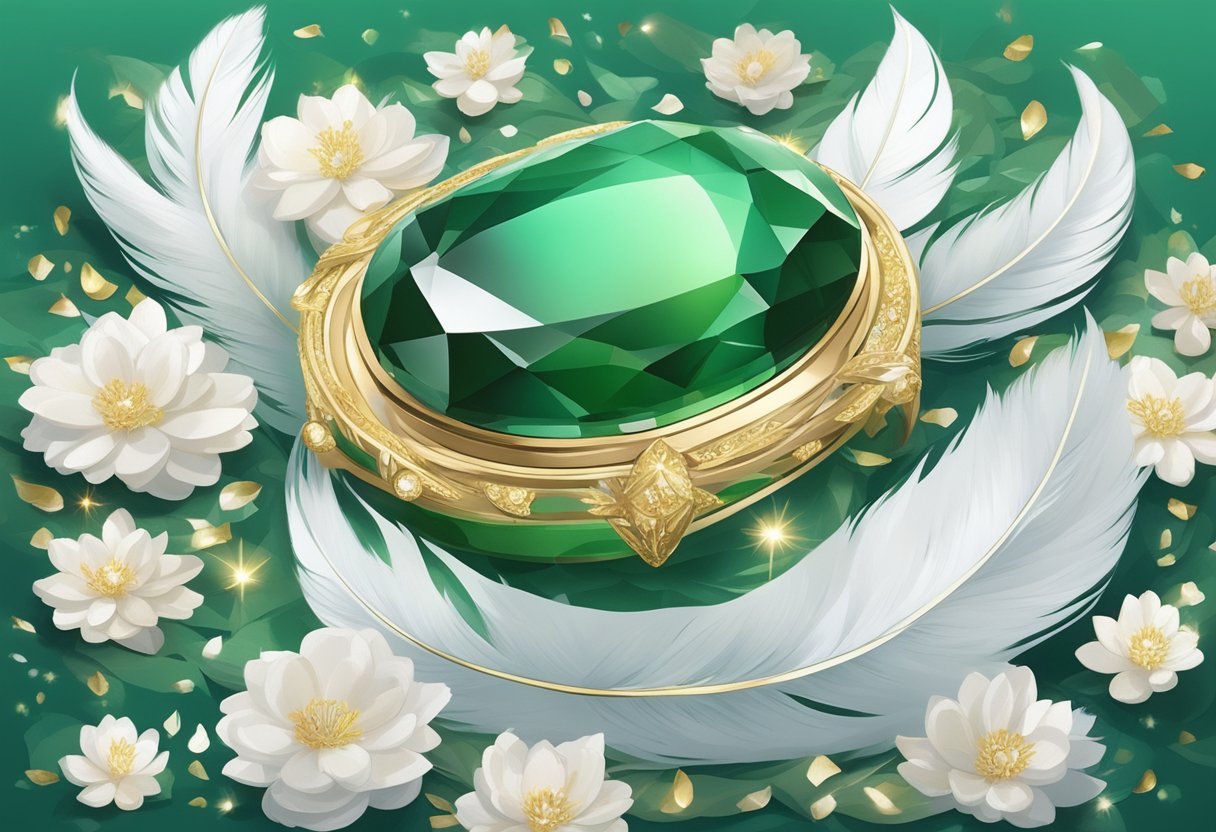 A sparkling green jade gemstone sits atop a bed of soft, white feathers, surrounded by delicate flower petals and shimmering gold accents