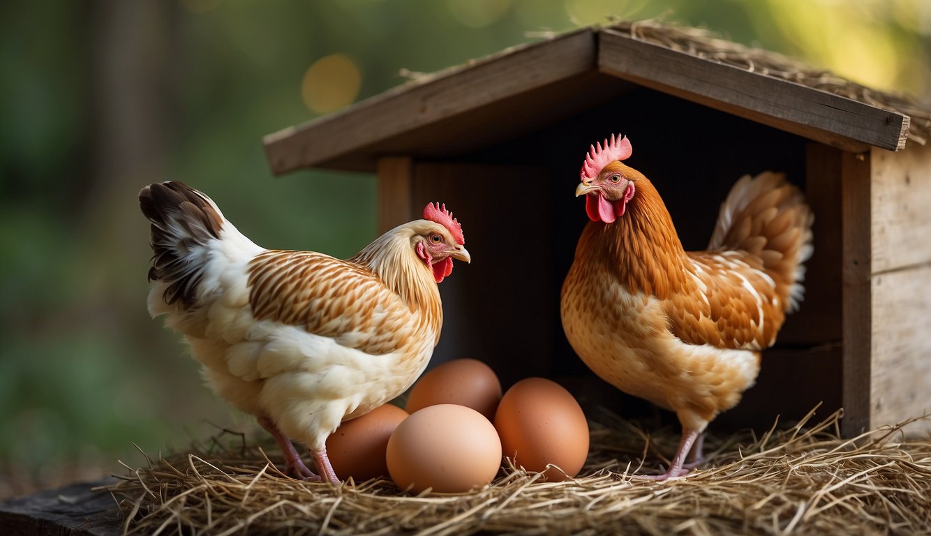 A hen perched in a cozy nesting box, focused and determined, as she lays a smooth, creamy-colored egg with a satisfying "cluck."