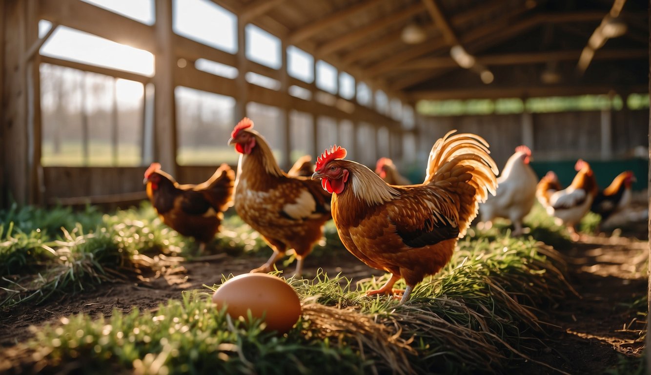 Chickens roam freely in a spacious, clean coop with plenty of natural light. They have access to fresh food and water, and are seen laying eggs in comfortable nesting boxes