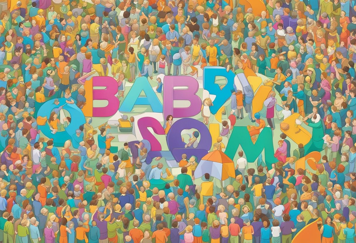 A colorful array of baby names displayed on a vibrant banner, surrounded by joyful parents and playful children