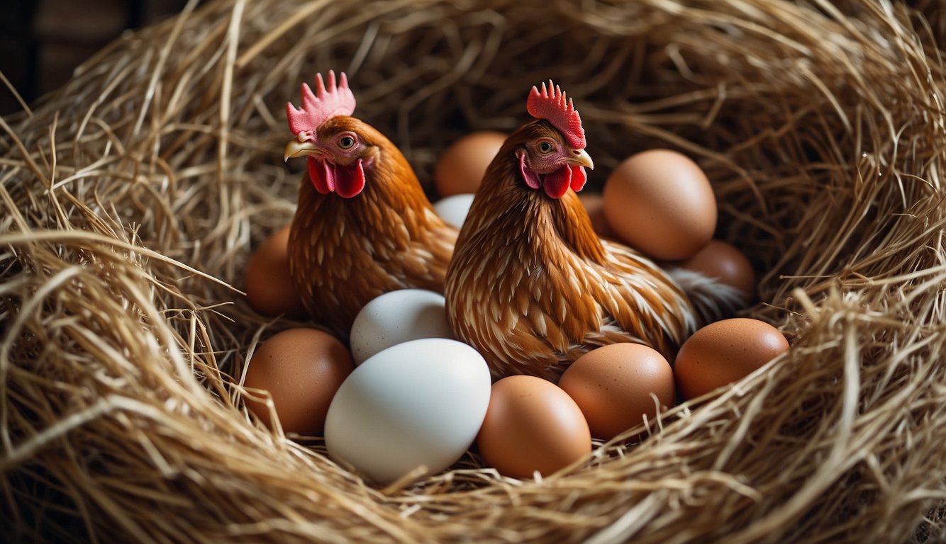 A hen lays eggs in a cozy nest, surrounded by straw and feathers. The egg is warm and speckled, with a delicate shell