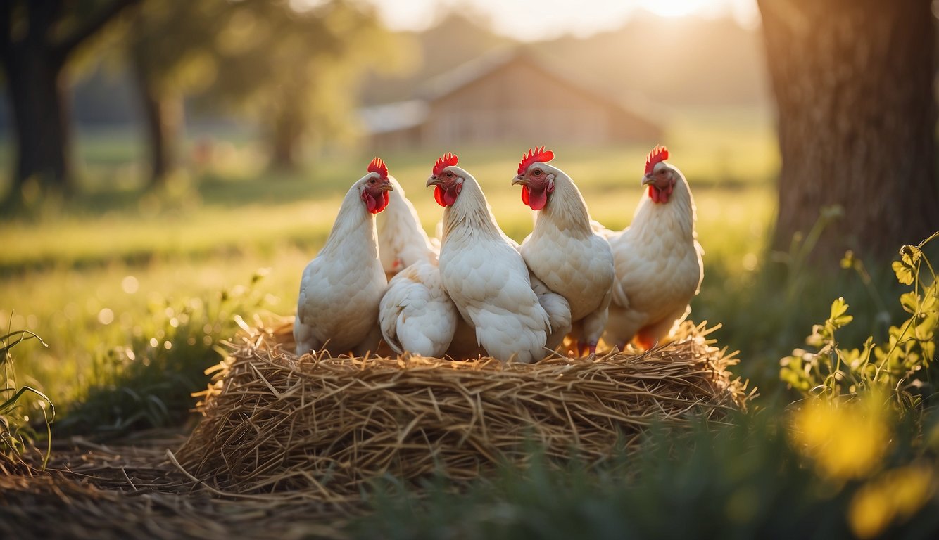 Chickens lay eggs quickly in a cozy, straw-filled nesting box, surrounded by warm sunlight and a peaceful, rural setting